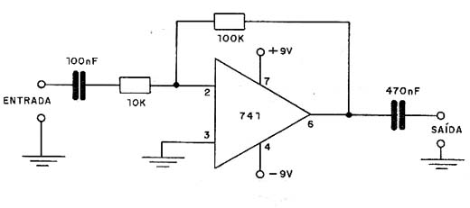 Amplificador com ganho 10 - 741. Amplificador com ganho 10 - 741.