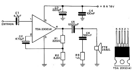 Amplificador com o TDA2002 Amplificador com o TDA2002