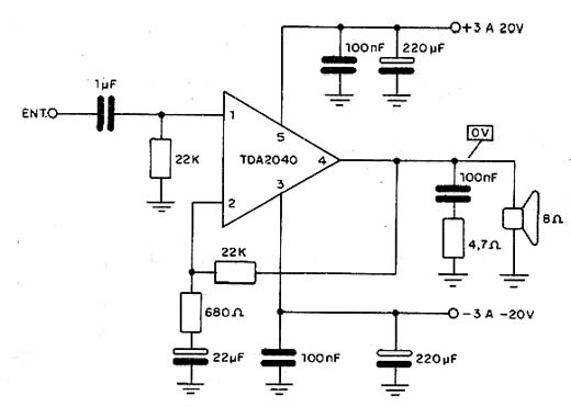 Amplificador de 8 W com o TDA2040 Amplificador de 8 W com o TDA2040