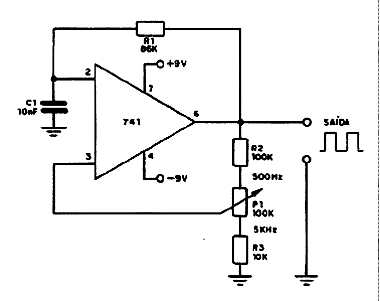 Oscilador 500 Hz a 5 kHz com o 741 Oscilador 500 Hz a 5 kHz com o 741