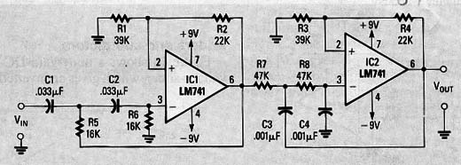 Filtro de Voz de 300 Hz a 3,4 kHz com o 741
Filtro de Voz de 300 Hz a 3,4 kHz com o 741