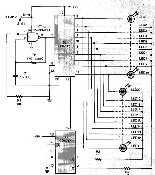 Sequencial Experimental de 20 LEDs com o 4017 Sequencial Experimental de 20 LEDs com o 4017