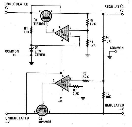 Regulador Simétrico com 741 e 2N3055
Regulador Simétrico com 741 e 2N3055