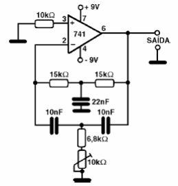 Oscilador de 1 kHz Duplo T com o 741
Oscilador de 1 kHz Duplo T com o 741