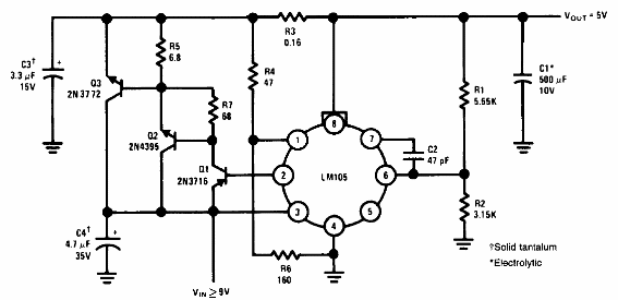 Regulador de 5 V x 10 A com o LM105
Regulador de 5 V x 10 A com o LM105