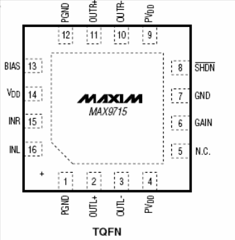 Invólucro e pinagem do MAX9715.
Invólucro e pinagem do MAX9715.