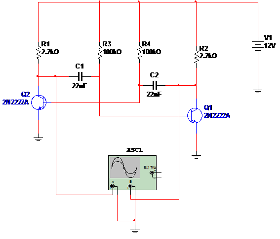 Figura 1 – Diagrama do multivibrador astável com dois transistores
Figura 1 – Diagrama do multivibrador astável com dois transistores