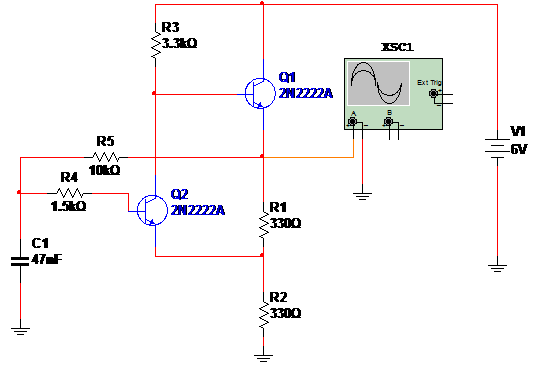 Figura 1 – Diagrama do multivibrador com dois transistores.
Figura 1 – Diagrama do multivibrador com dois transistores.
