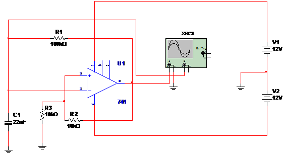 Figura 1 – Circuito do oscilador com o 741.
Figura 1 – Circuito do oscilador com o 741.