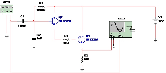 Figura 1 – Circuito completo do amplificador Darlington.
Figura 1 – Circuito completo do amplificador Darlington.