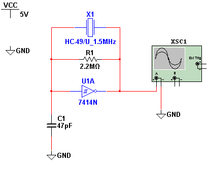 Oscilador XTAL de 1,5 MHz com o 7414 Oscilador XTAL de 1,5 MHz com o 7414