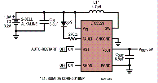Fonte de 5 V com duas baterias alcalinas com o LTC3529 para correntes até 350 mA Fonte de 5 V com duas baterias alcalinas com o LTC3529 para correntes até 350 mA