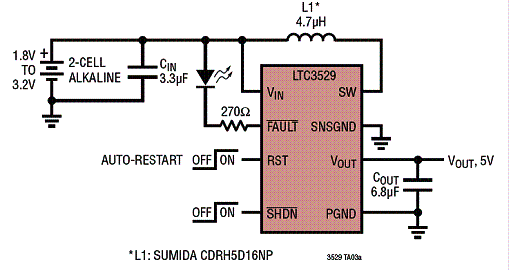  Fonte de 5 V com duas baterias alcalinas com o LTC3529 para correntes até 350 mA 