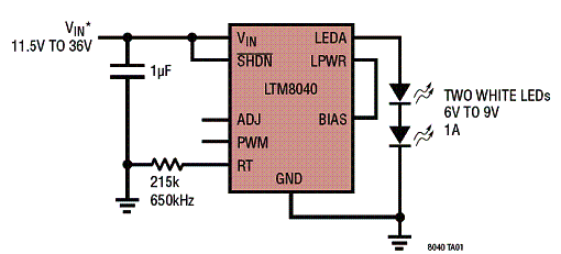 Circuito de aplicação para dois LEDs de 1 A. Circuito de aplicação para dois LEDs de 1 A.