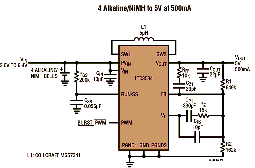 Circuito para 4 pilhas alcalinas ou NiMH. Circuito para 4 pilhas alcalinas ou NiMH.