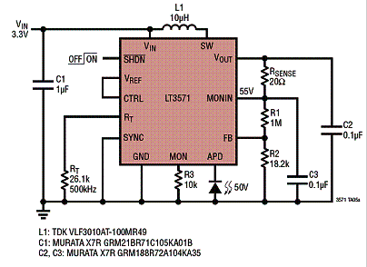 Conversor de 3.3 V para 50 V com o LT3571. 