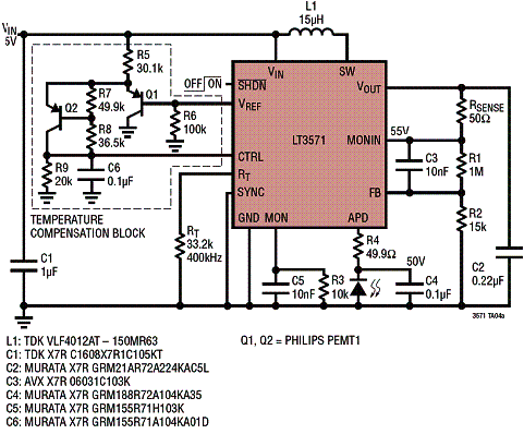 Conversor de 5 V para 50 V com compensação de temperatura. 