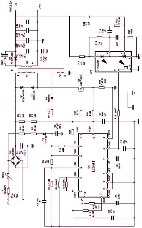 Circuito completo encontrado na placa de avaliação com o circuito integrado L5991 da ST Microelectronics. 