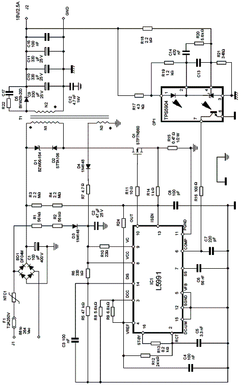 Circuito completo encontrado na placa de avaliação com o circuito integrado L5991 da ST Microelectronics. Circuito completo encontrado na placa de avaliação com o circuito integrado L5991 da ST Microelectronics.