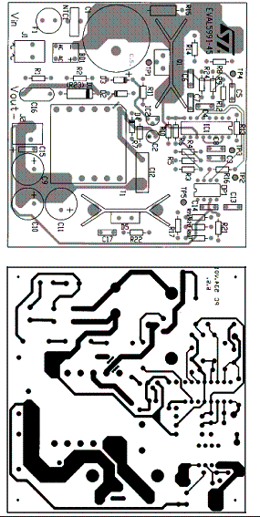 Detalhes do lado dos componentes e lado cobreado da placa de avaliação da STMicroelectornics.  