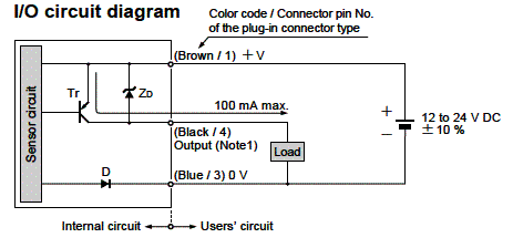 Circuito de conexão a uma carga externa na versão com transistor NPN Circuito de conexão a uma carga externa na versão com transistor NPN