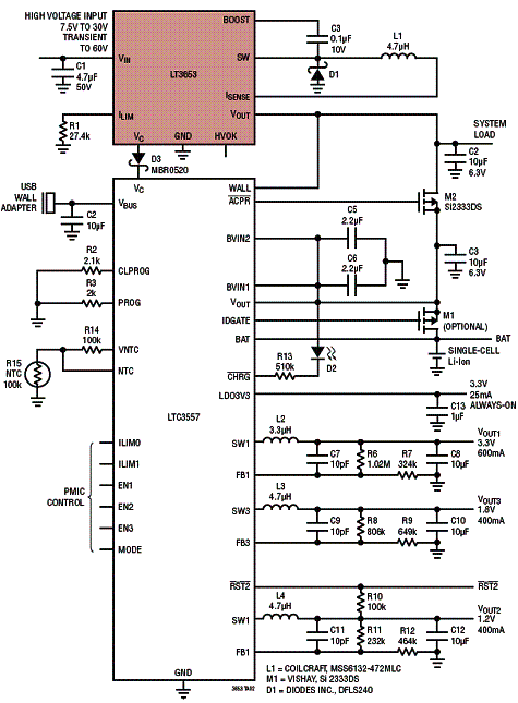 Aplicação num carregador triplo PMIC. 