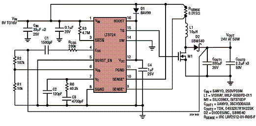 Circuito step-up (elevador) utilizando um MOSFET externo, apresentando uma potência de saída até 50 W com 24 V..  