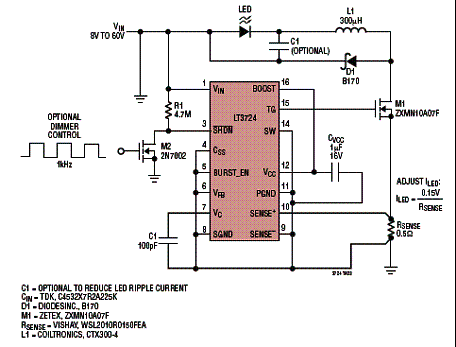 Circuito de aplicação para excitar um LED de alta tensão com controle de brilho. 