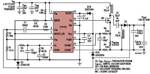 Regulador com saída de 12 V x 25 W com entradas entre 4,5 V e 20 V. 