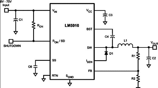 Circuito de aplicação do LM5010. 