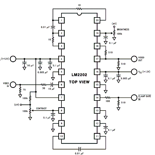 Figura 2 - Amplificador de vídeo com o Lm<sup>2</sup>202. Figura 2 - Amplificador de vídeo com o Lm<sup>2</sup>202.
