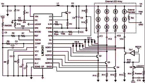  Figura 2 - Aplicação típica em que mais de 3 séries de LEDs são excitadas pelo Lm<sup>3</sup>431 com a ajuda de um operacional externo. 