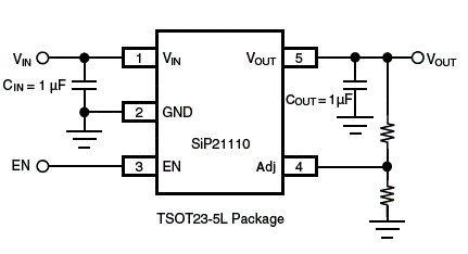 Diagrama de aplicação do SiP21110.
Diagrama de aplicação do SiP21110.