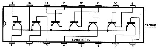 O CA3081 contém 7 transistores de uso geral NPN com emissores em comum.
O CA3081 contém 7 transistores de uso geral NPN com emissores em comum.