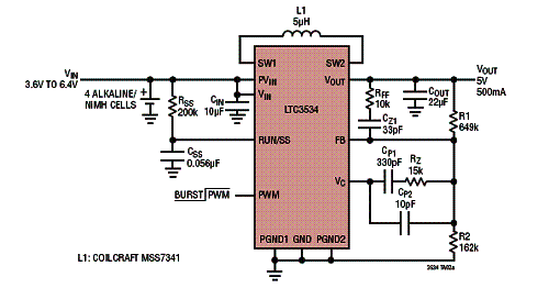 Figura 2 - Circuito para 4 pilhas alcalinas usando o LTC3534.
Figura 2 - Circuito para 4 pilhas alcalinas usando o LTC3534.