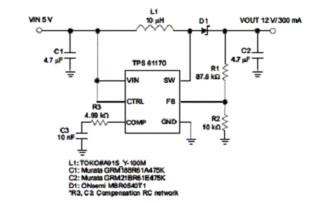 Figura 1 - Circuito de aplicação do TPS61170.
