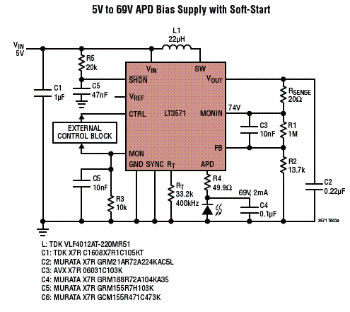 Figura 2 - Conversor de 5 V para 69 V usando o LT3571.
Figura 2 - Conversor de 5 V para 69 V usando o LT3571.