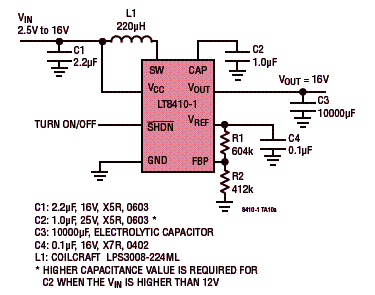 Figura 2 - Um carregador de capacitor com o LT8410.
Figura 2 - Um carregador de capacitor com o LT8410.