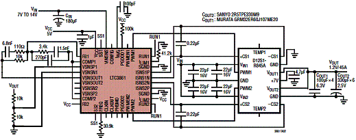 Figura 1- Circuito para 1,2 V x 45 Ausando o LTC3861. Figura 1- Circuito para 1,2 V x 45 Ausando o LTC3861.