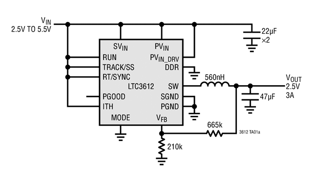 Figura 1 – Circuito de aplicação para 2,5 V x 3 A
Figura 1 – Circuito de aplicação para 2,5 V x 3 A
