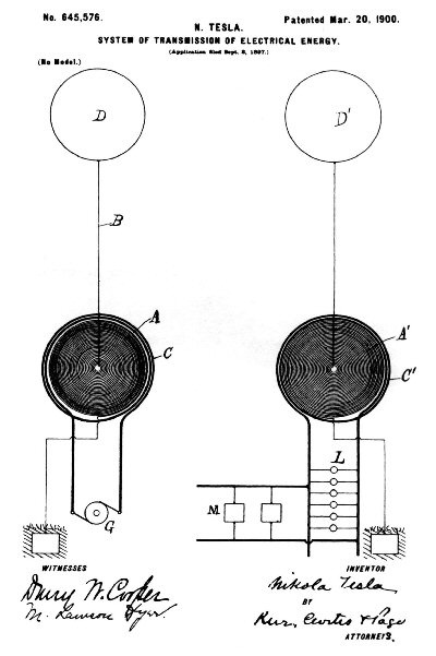 Figura 1- Patente de Tesla descrevendo um modo de se transmitir energia sem fio. Figura 1- Patente de Tesla descrevendo um modo de se transmitir energia sem fio.