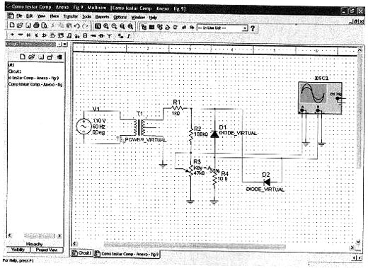 A tela do MultiSIM com o teste de um diodo. A tela do MultiSIM com o teste de um diodo.
