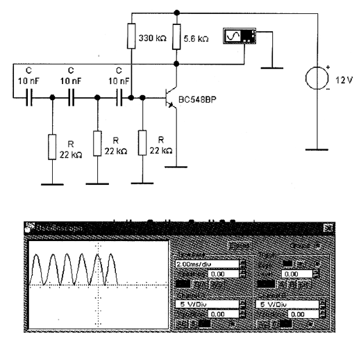 Oscilador de deslocamento de fase desenhado no osciloscópio virtual. 