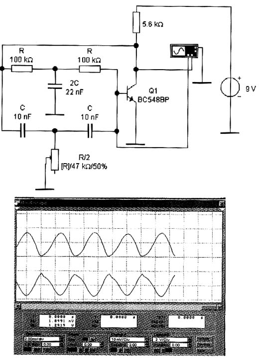 Formas de onda do circuito da figura 4, simuladas num osciloscópio virtual. Formas de onda do circuito da figura 4, simuladas num osciloscópio virtual.