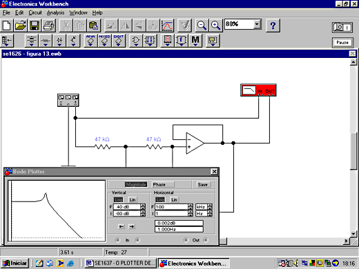 Usando o Bode Plotter com freqüência e fase - (a) Gráfico em função da freqüência Usando o Bode Plotter com freqüência e fase - (a) Gráfico em função da freqüência