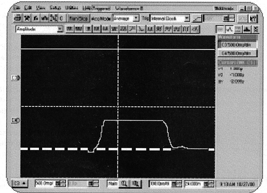 Display de refletometria no domínio de tempo (TDR)  de um osciloscópio de amostragem digital TDS8000 e 80OE4 com módulo de amostragem de 20 GHz).
