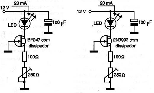 Fontes de correntes constantes para LEDs usando FETs.
Fontes de correntes constantes para LEDs usando FETs.