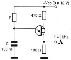 Exemplo de um oscilador de relaxação para 1 kHz. 