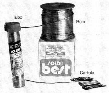 A solda é vendida de3 diversos modos- tubos, cartelas e rolos. A solda é vendida de3 diversos modos- tubos, cartelas e rolos.