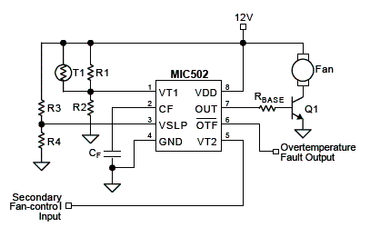 Figura 1 - Circuito básico de aplicação do MIC502 no controle de velocidade de uma ventoinha. Figura 1 - Circuito básico de aplicação do MIC502 no controle de velocidade de uma ventoinha.